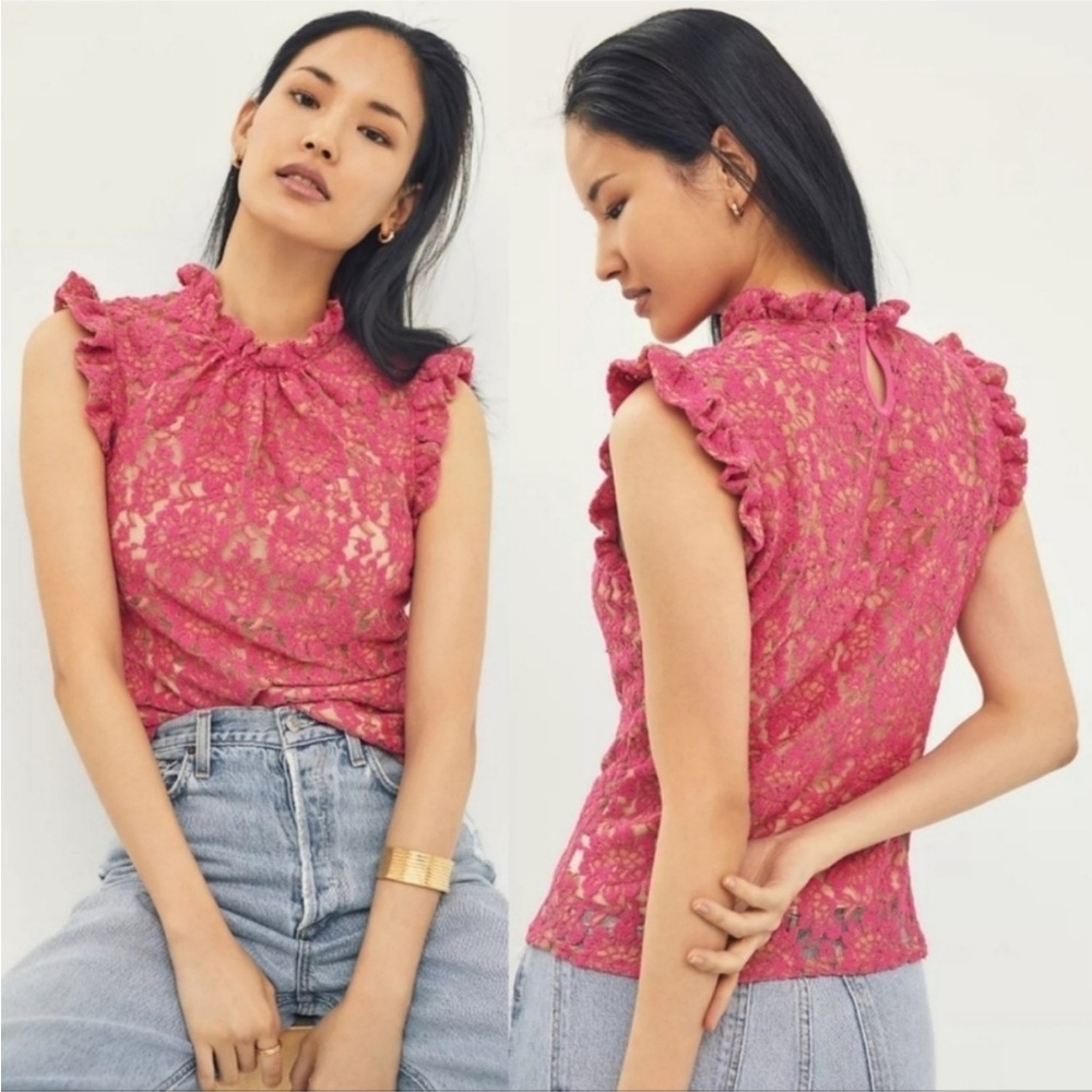Anthropologie Dolan Pink Lace Ruffle Mock-Neck Sleeveless Top